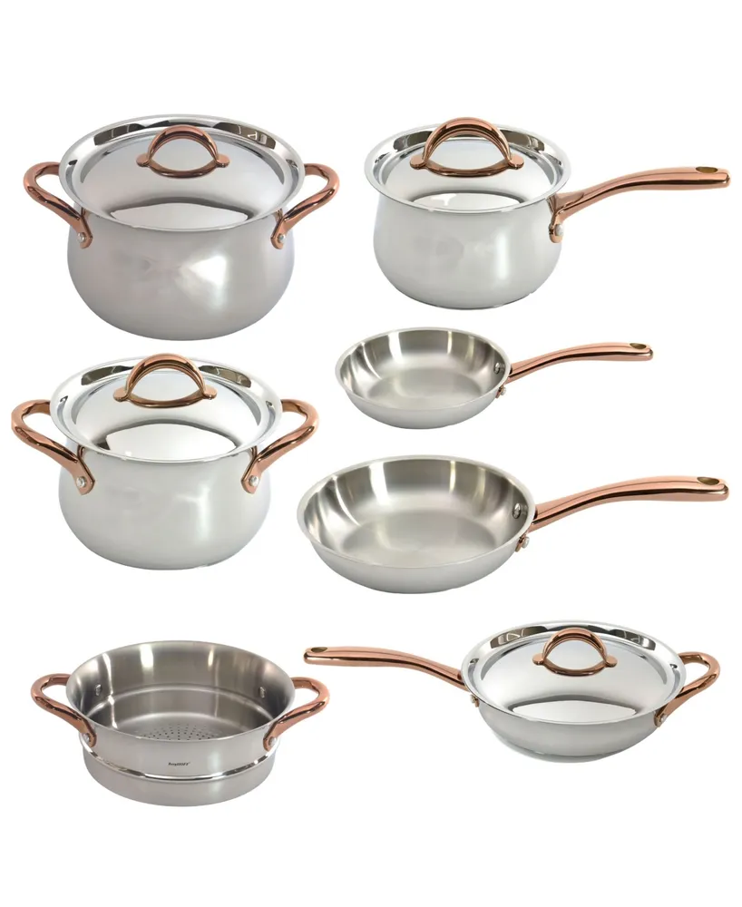 BergHOFF Ouro Gold 11 piece 18/10 Stainless Steel Cookware Set, Rose Gold  Handles, Metal Lids