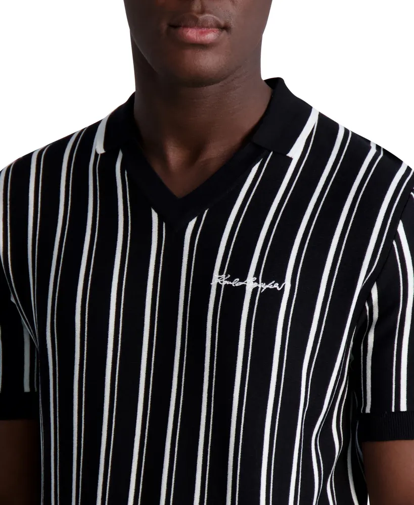 Karl Lagerfeld Men's V-neck Striped Sweater Polo Shirt with Logo