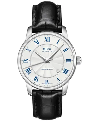 Mido Men's Swiss Automatic Baroncelli Black Leather Strap Watch 38mm