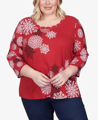 Alfred Dunner Plus Size Classics Snowflakes Twist Neck Top