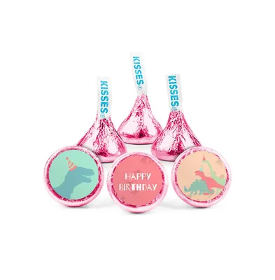 100ct Girl Dinosaur Birthday Candy Party Favors Hershey's Kisses Milk Chocolate (100 Candies + 1 Sheet Stickers) Candy Included - Assembly Required