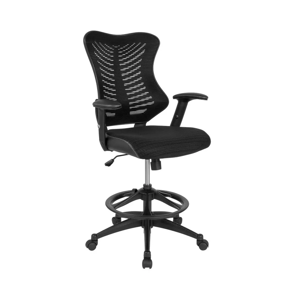 Emma+Oliver High Back Designer Mesh Drafting Chair With Leather Sides And Adjustable Arms