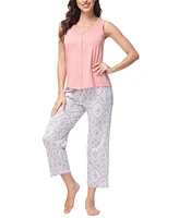 Ink+Ivy Women's 2 Piece Button Down Top with Cropped Wide Leg Pants Pajama Set