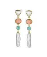 Bling Jewelry Modern Tri Tone Pastel Pink Green s Geometric Thin Long White Freshwater Cultured Baroque Pearl Dangle Earrings Gold Plated