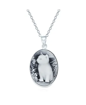 Bling Jewelry Antique Style Simulated Black Onyx Sitting Kitten Kitty Cat Cameo Pendant Necklace For Women Teen .925 Sterling Silver