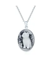 Bling Jewelry Antique Style Simulated Black Onyx Sitting Kitten Kitty Cat Cameo Pendant Necklace For Women Teen .925 Sterling Silver