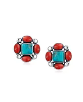 Bling Jewelry Southwestern Native American Style Stabilized Natural Turquoise Red Coral Concho Western Stud Earrings For Women Sterling Silver