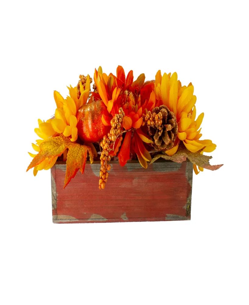 14" Autumn Harvest Maple Leaf and Berry Arrangement in Rustic Wooden Box Centerpiece