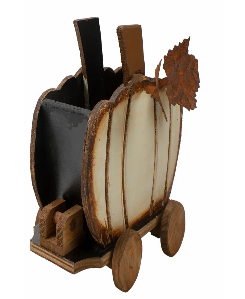 10.5" Fall Harvest Wooden Pumpkin Cart Tabletop Decoration