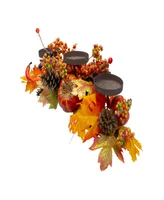 21" Orange Fall Harvest Leaves and Pumpkins Candle Holder