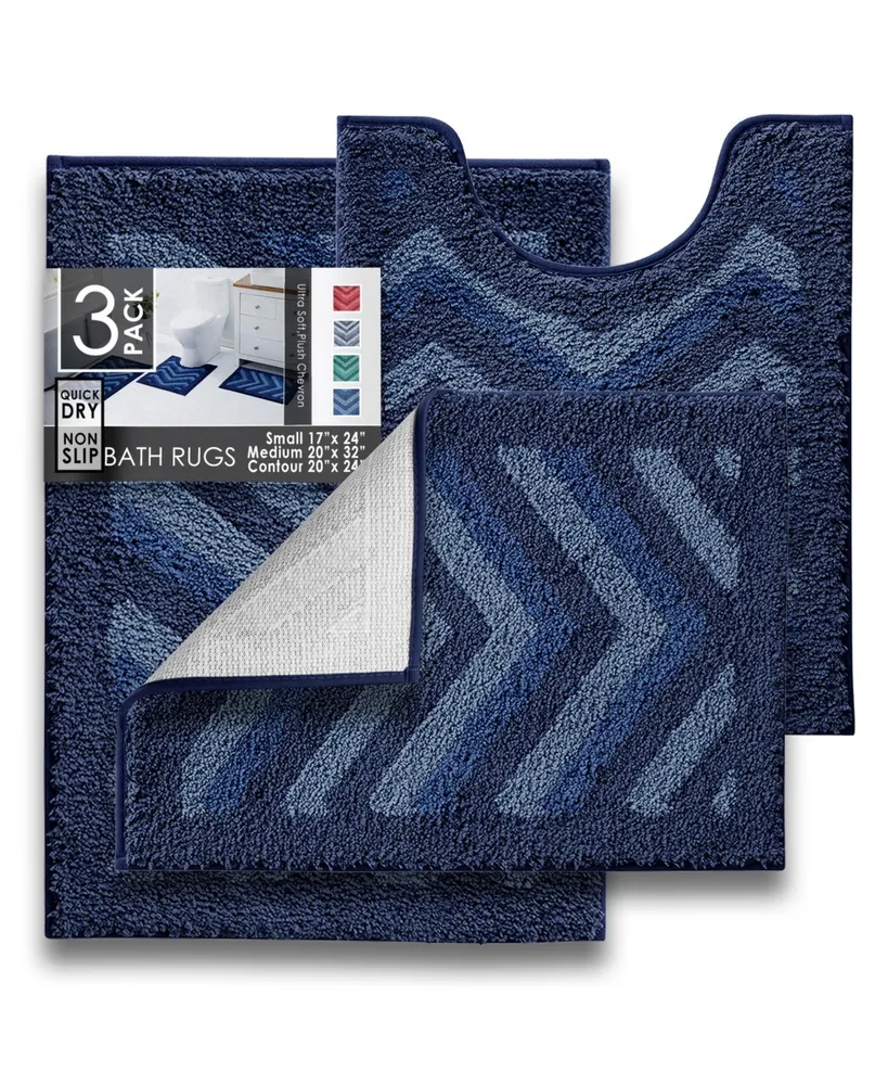 3 Piece Ultra Soft Non Slip Shaggy Bath Rug - Chevron Design Small, Large & Contour