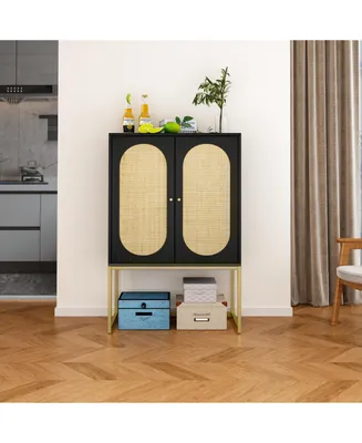 Simplie Fun 2 Door High Cabinet, Natural Rattan 2 Door High Cabinet, Built-In Adjustable Shelf, Easy Assembly