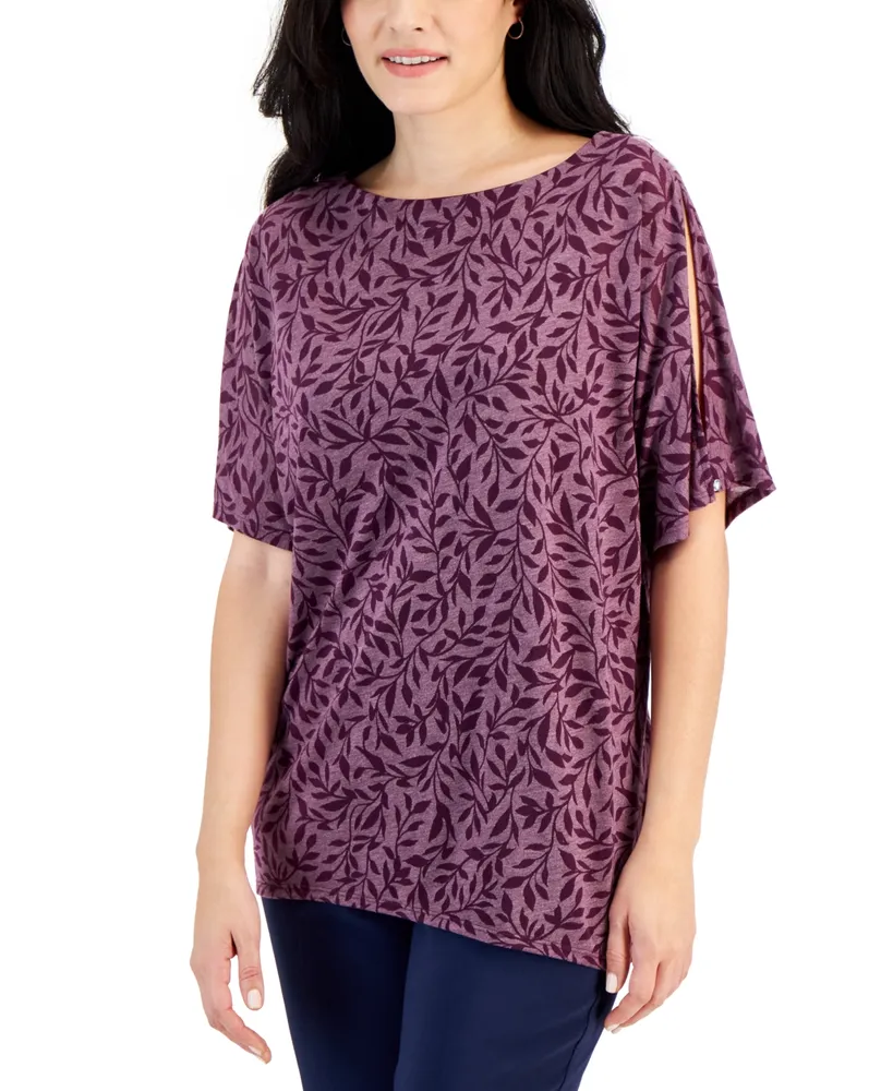 Jm Collection Women's Printed Boat-Neck Split-Sleeve Top, Created for Macy's