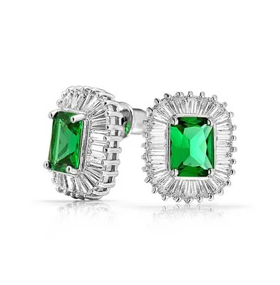 Deco Style Green Rectangle Cz Baguette Halo Simulated Emerald Cut Cubic Zirconia Stud Earrings