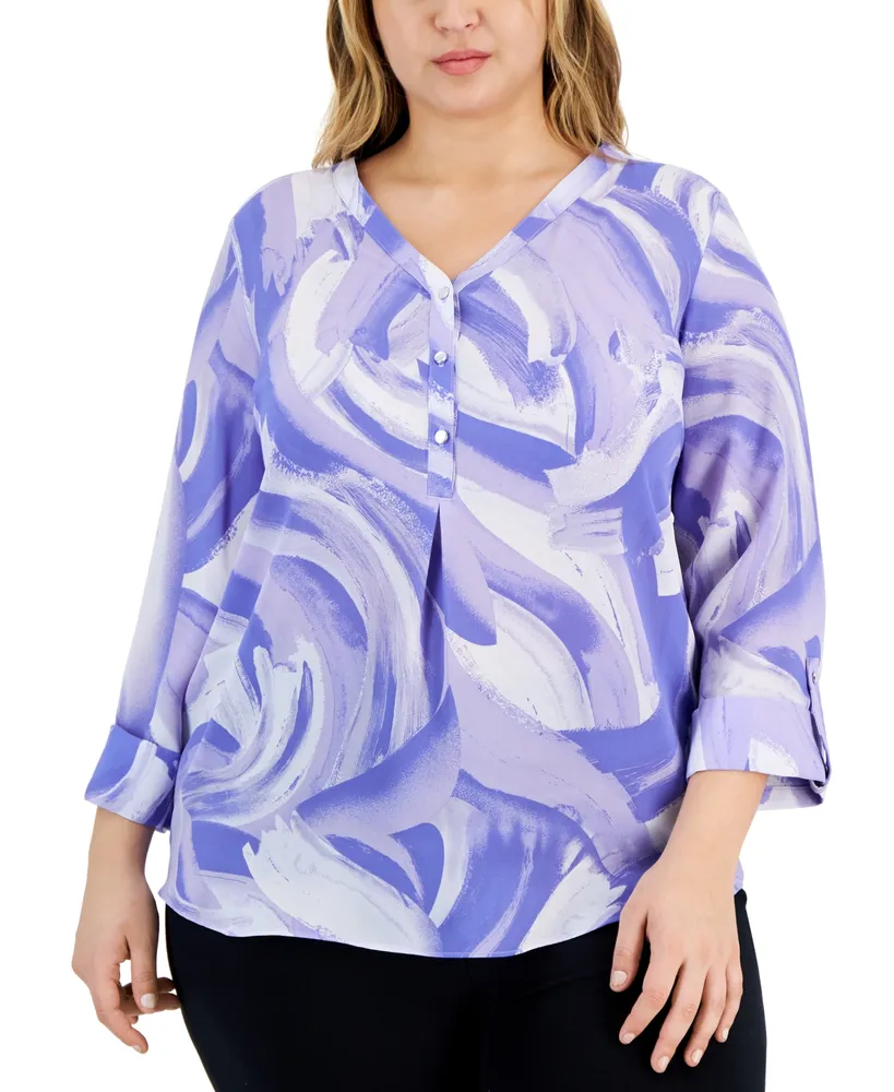 Jm Collection Plus Sea of Petals Scoop-Neck Top, Created for Macy's