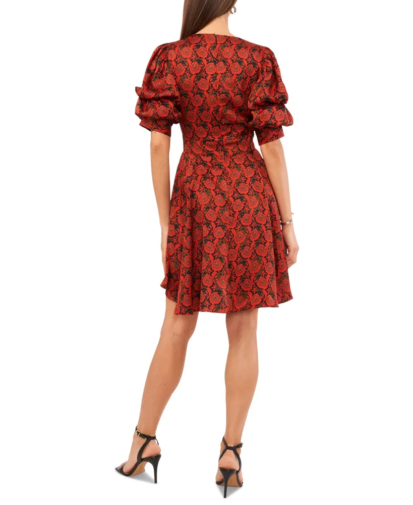 1.state Women's Printed V-Neck Tiered Bubble Puff Sleeve Mini Dress