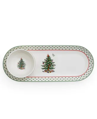 Spode Christmas Tree Polka Dot Oval Chip and Dip, 13" H