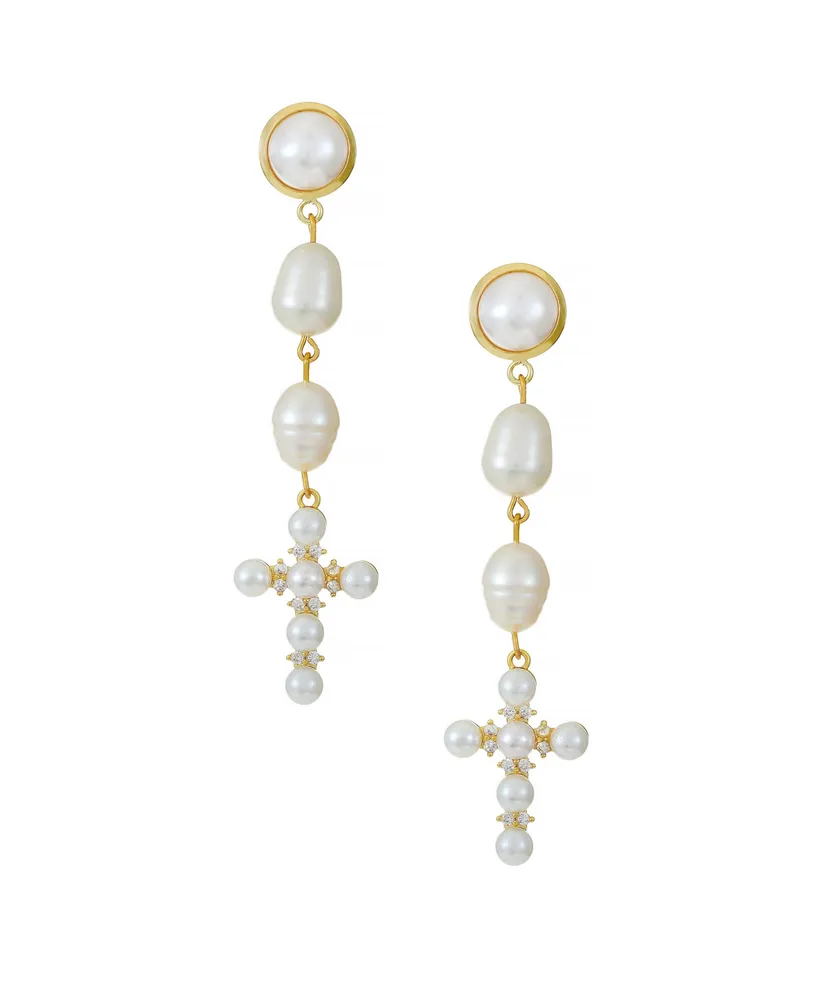 Ettika Freshwater Pearl Cross 18K Gold Plated Drop Earrings