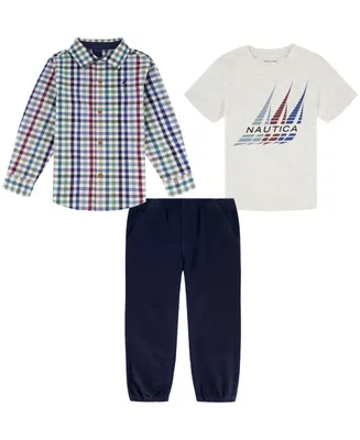 Nautica Baby Boys J-Class Logo T-shirt, Check Button-Front Shirt and Twill Joggers, 3 Piece Set