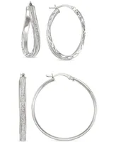 2-Pc. Set Wavy & Round Glitter Hoop Earrings in Sterling Silver