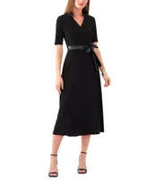 Msk Women's V-Neck Faux-Leather-Trim Tie-Waist Dress