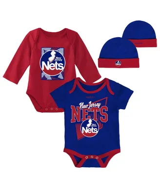 Newborn and Infant Boys Girls Mitchell & Ness Blue, Red New Jersey Nets 3-Piece Hardwood Classics Bodysuits Cuffed Knit Hat Set