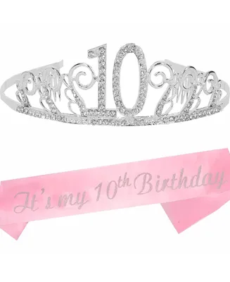 10th Birthday Sash and Tiara for Girls - Glitter Sash and Silver Rhinestone Metal Tiara Set, Perfect for Princess Party and Birthday Gifts