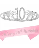 10th Birthday Sash and Tiara for Girls - Glitter Sash and Silver Rhinestone Metal Tiara Set, Perfect for Princess Party and Birthday Gifts
