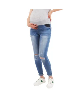 Indigo Poppy Maternity Light Wash Butt Lifter Distressed Jeans With Belly Band