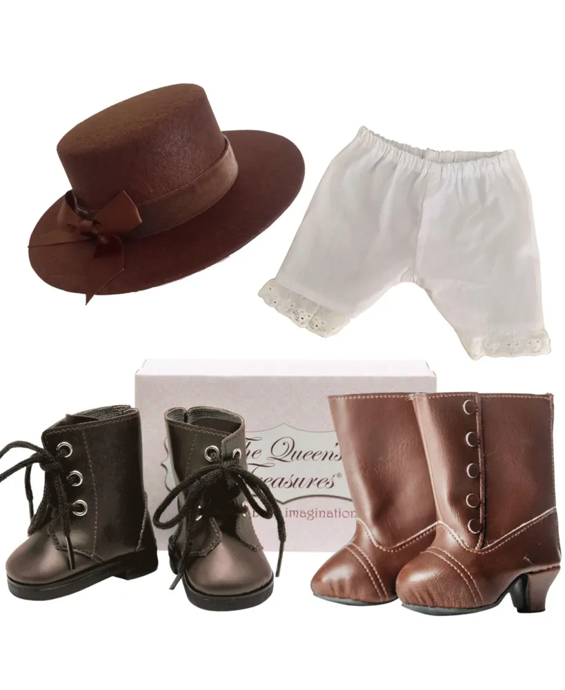 The Queen's Treasures 18 Inch Doll Clothes and Accessories 6 Piece Set  Includes 2 Pairs of Shoes and Shoeboxes, Pantaloons, and a Brown Frontier  Hat.