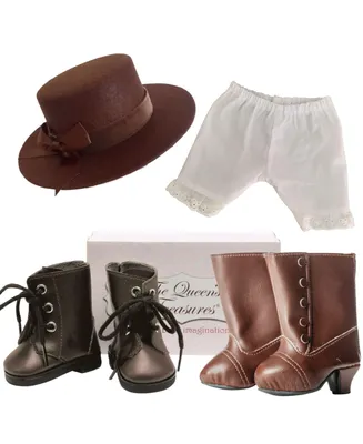 The Queen's Treasures 18 Inch Doll Clothes and Accessories 6 Piece Set Includes 2 Pairs of Shoes and Shoeboxes, Pantaloons, and a Brown Frontier Hat.