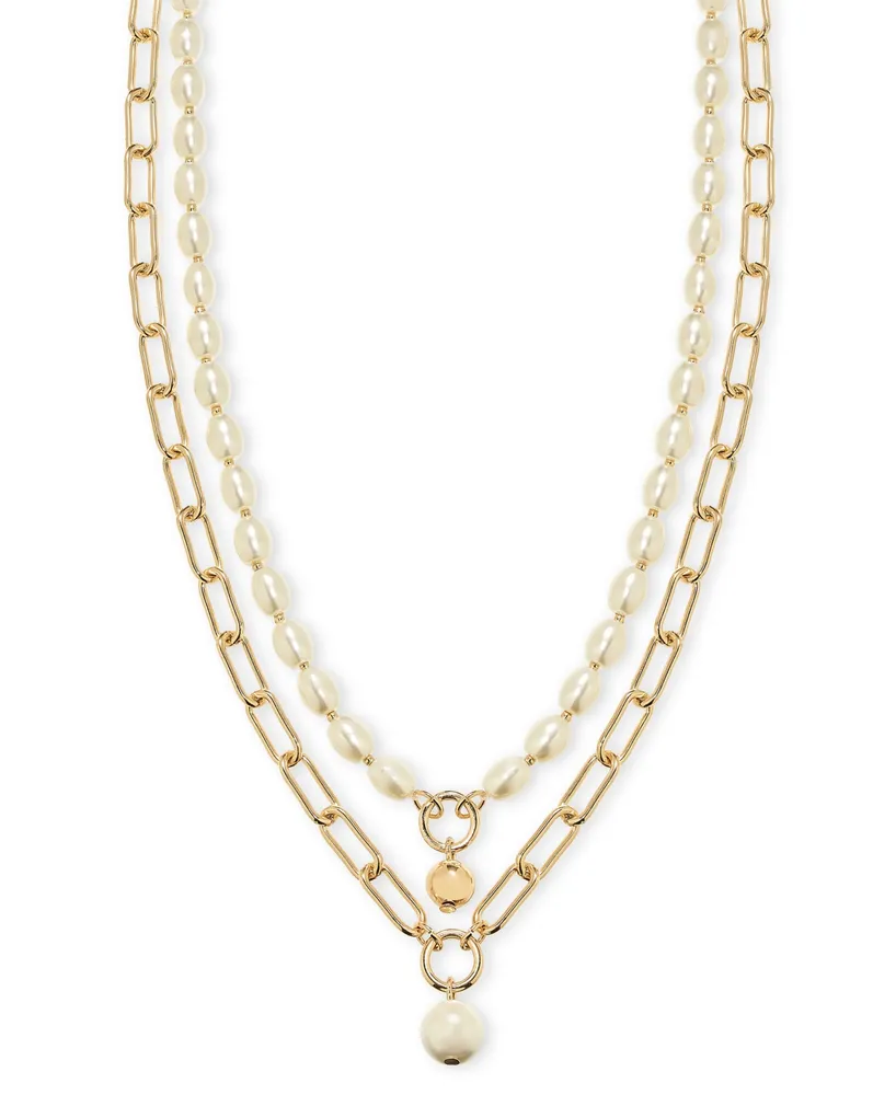 On 34th Gold-Tone Chain Link & Imitation Pearl Layered Pendant Necklace, 16" + 2" extender, Created for Macy's