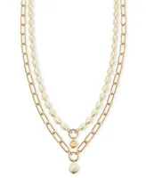 On 34th Gold-Tone Chain Link & Imitation Pearl Layered Pendant Necklace, 16" + 2" extender, Created for Macy's