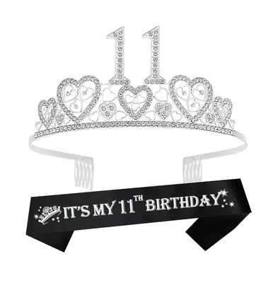 11th Birthday Glitter Sash and Silver Metal Tiara with Hearts Rhinestone for Girls, Perfect Princess Party Accessories and Gifts for Turning Eleven