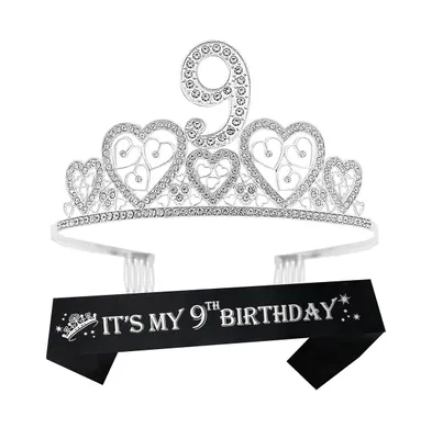 VeryMerryMakering 9th Birthday Glitter Sash and silver Hearts Rhinestone Metal Tiara for Girls, Perfect Princess Party Gifts and Celebration Accessori