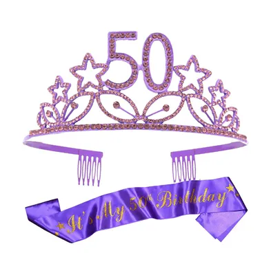 50th Birthday Gift Set for Women - Elegant Tiara and Sash in Purple - Perfect for Celebrating Milestone Birthday and Party Supplies