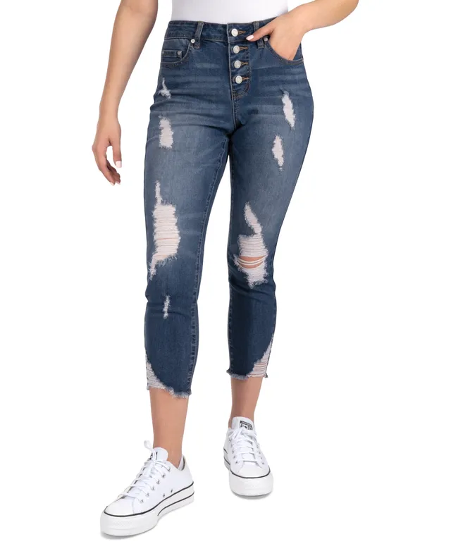 Indigo Rein Juniors' Mid Rise Button Fly Distressed Cropped Curvy