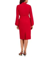 Kasper Womens Long Sleeve Ruffled Collar Tie Front Top Stretch Crepe Skimmer Midi Pencil Skirt