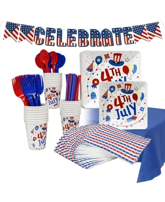 Disposable 4th of July Party Set, Serves 24, with Large and Small Paper Plates, Paper Cups, Straws, Napkins, Plastic Utensils, Tablecloth and Banner