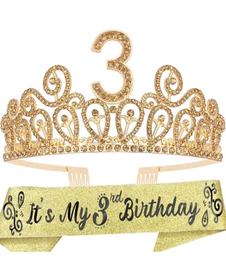 3rd Birthday Glitter Sash and Ripples Rhinestone Metal Tiara for Girls - Perfect for Princess Party and Memorable 3rd Birthday Gifts