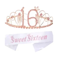 16th Birthday Sash and Tiara Set for Girls - Glitter Sash and Pink Rhinestone Metal Tiara, Perfect Sweet 16 Birthday Party Gifts and Accessories