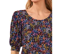 CeCe Women's Floral Print 3/4 Sleeve Scoop Neck Knit Top