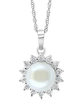 Effy Cultured Freshwater Pearl (7 mm) & Diamond (1/20 ct. t.w.) Halo 18" Pendant Necklace in Sterling Silver