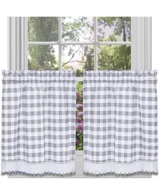 Kate Aurora 2 Piece Country Farmhouse Buffalo Plaid Rod Pocket Cafe Tier Curtain Panels With Macrame Border