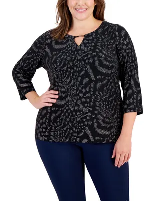 Jm Collection Plus Cheetah Glitter Keyhole Top, Created for Macy's