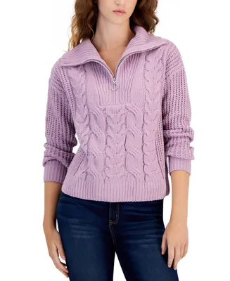 Hippie Rose Juniors' Chenille Collared Quarter-Zip Cable-Knit Sweater