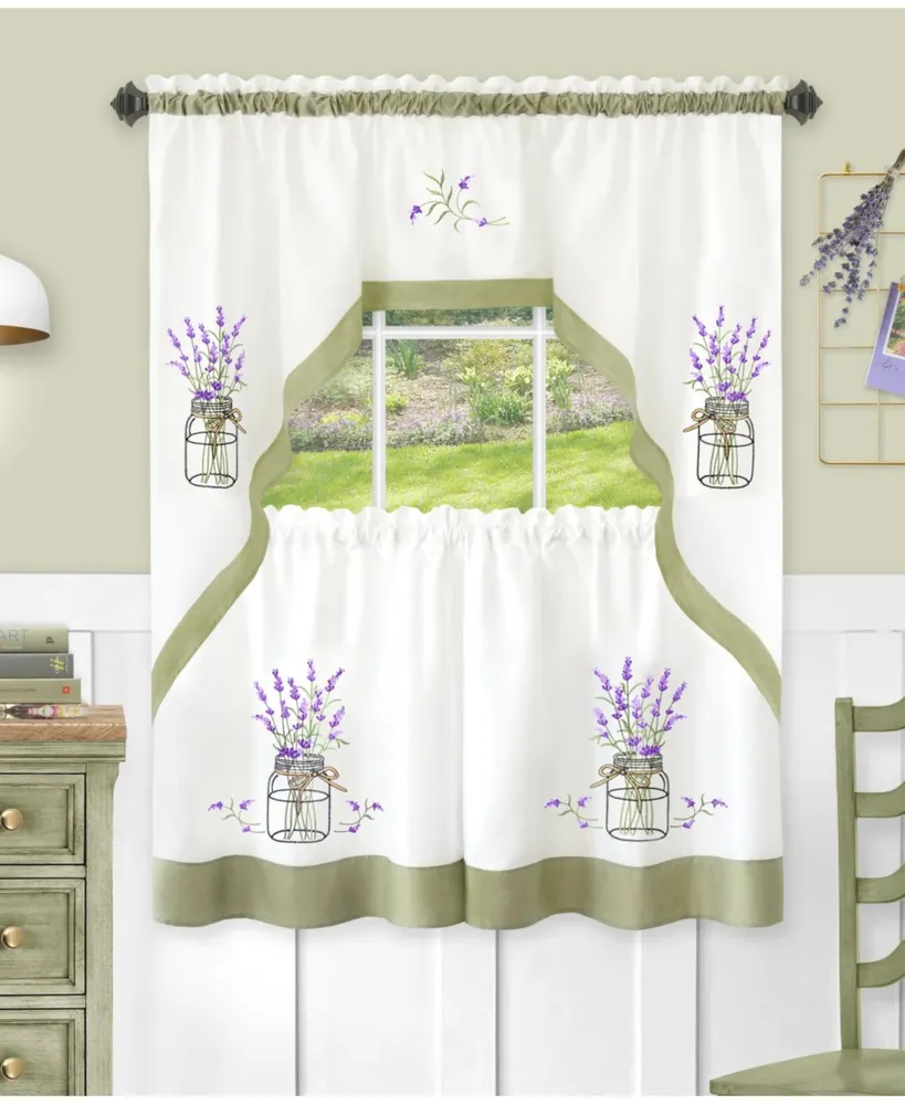 Kate Aurora Montauk Accents Lavender Floral Embellished Complete 3 Piece Kitchen Curtain Tier & Valance Set