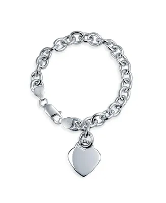 Bling Jewelry Solid Link Heart Shape Tag Charm Bracelet 7.5 Inch For Women Teens .925 Sterling Silver Made in Italy