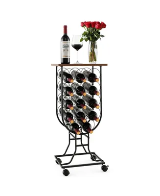 14 Bottles Wine Rack Console Table Freestanding Wine Storage with Woodtop & Wheels