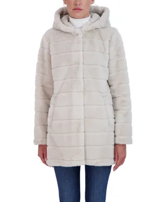 Sebby Collection Women's Hooded Grooved Faux Fur Coat